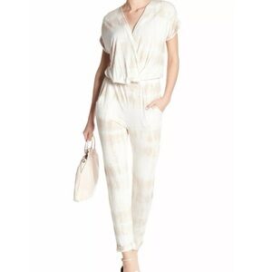 Young Fabulous & Broke Large Coleen Beige Tie Dye Surplice V Neck Soft Jumpsuit